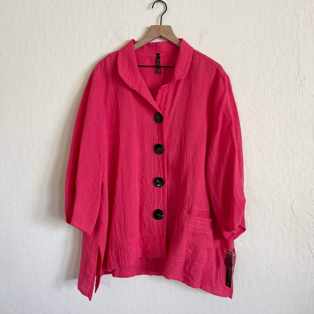 IC By Connie K Button Front Tunic Jacket Plus Size 2X Pink Black Lagenlook Artsy